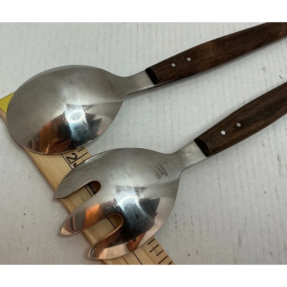 Hepe Vintage Salad Serving Set Stainless Wood Handle Denmark MCM Mid Century 12
